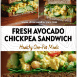 Close-up of a Smashed Chickpea Avocado Sandwich layered with cucumber and greens on whole-grain bread.